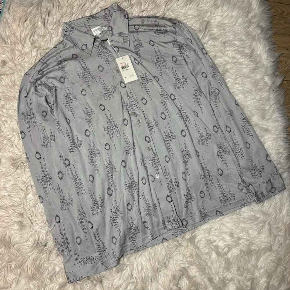 Armani Collezioni Light Gray Button-Up with Black Dot Pattern